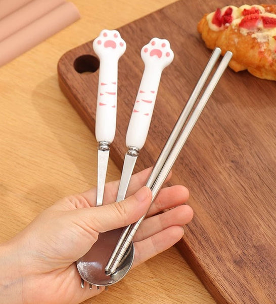 Lovely Cat Paw Spoon Fork and Chopsticks Set JK3652