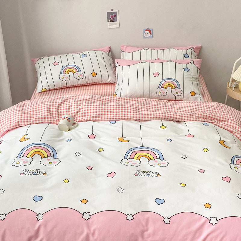 Kawaii Rainbow Bedding Duvet Set: 100% Cotton Flat Bed Sheet and