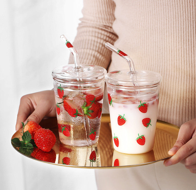 Strawberry Cute Glass Cup with Straw Creative Transparent Water