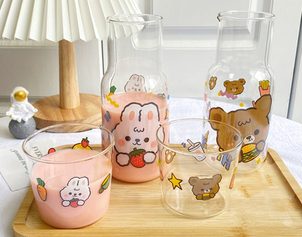 Lovely Rabbit and Bear Glass Water Bottle and cup JK2944