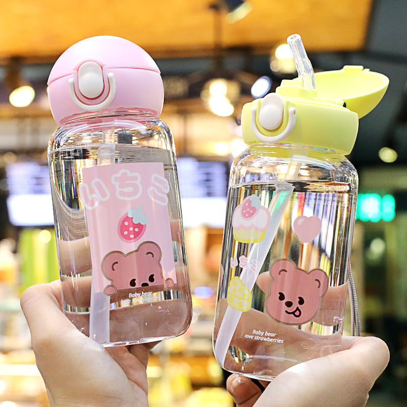 Strawberry Bear Glass Water Bottle with Nipple Sippy 11oz Kawaii