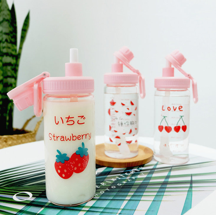 School Water Bottle Cute Glass  Glass Water Bottle Strawberry