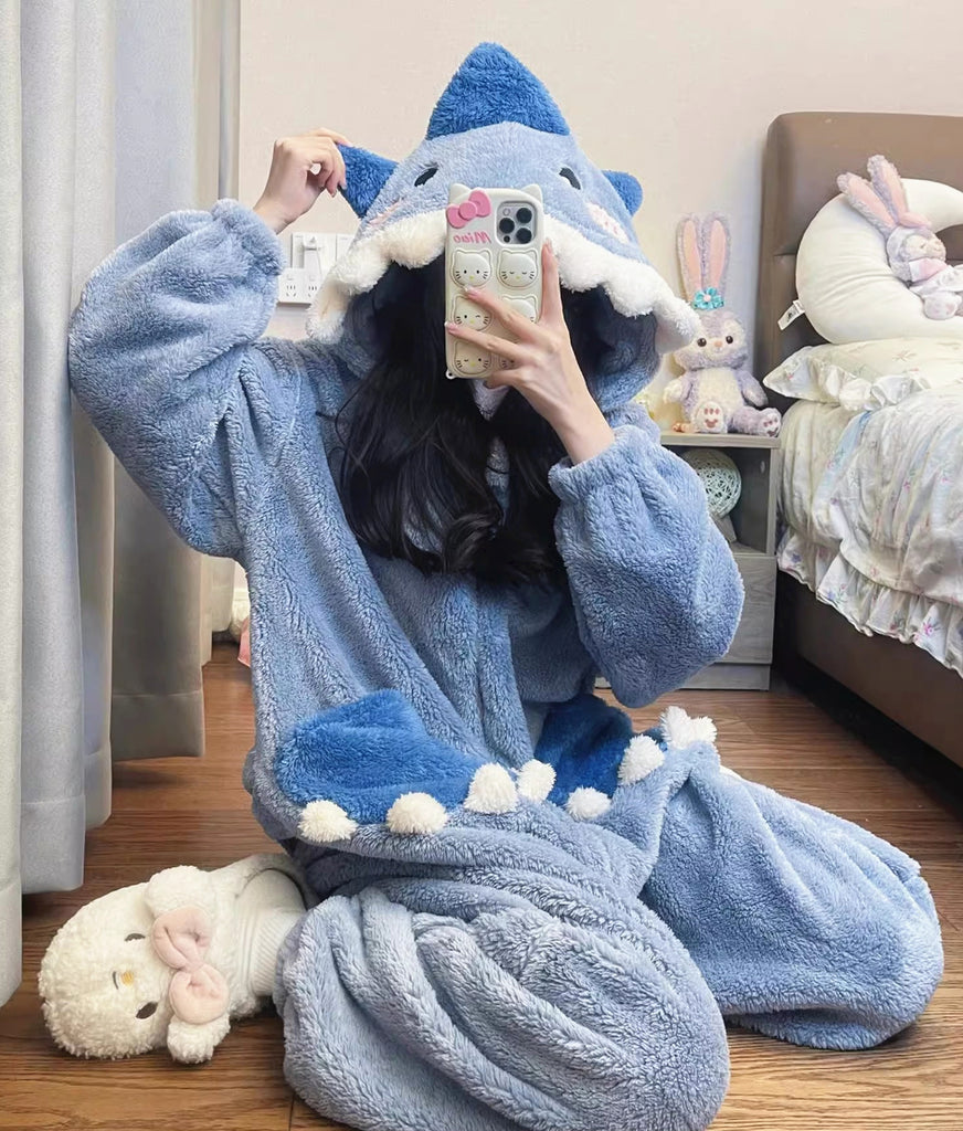 Kawaii Cartoon Shark Plush Hooded Pajamas Dress