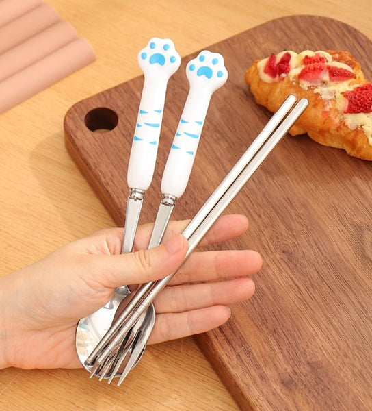 Lovely Cat Paw Spoon Fork and Chopsticks Set JK3652