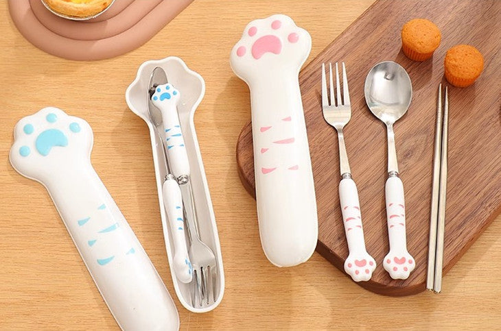 3pcs Cute Cat Paw Ceramic Cutlery Set Stainless Steel Tableware Spoon Fork  Chopsticks Set Portable Reusable Utensils Set With Case For Travel Camping  Office Lunch, 24/7 Customer Service