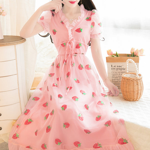 Fashion Strawberry V Collar Dress JK2247