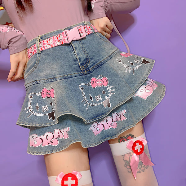 Kawaii Cats Jeans Plaid Skirt JK2762