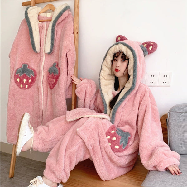 Kawaii Strawberry Winter Pajamas Suit/Dress JK2611