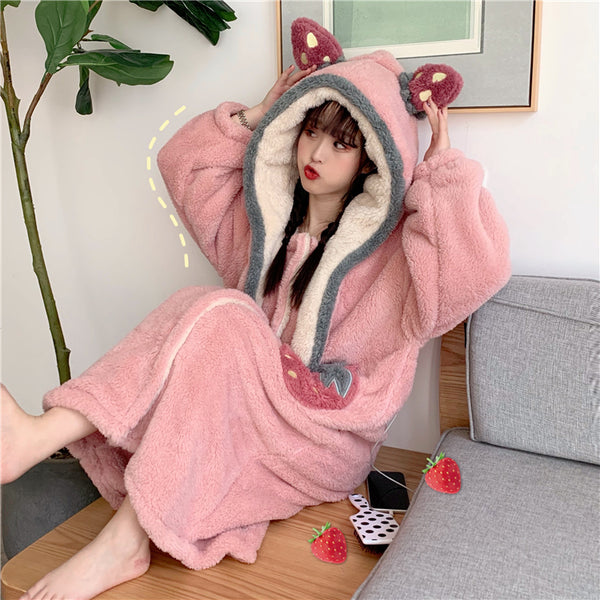 Kawaii Strawberry Winter Pajamas Suit/Dress JK2611