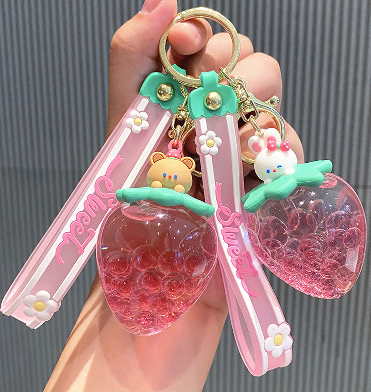 JEBBO Cute Keychain Pink Strawberry Liquid Floating Keychains Kawaii Keychain Accessories Backpack Bag Charm Car Key Ring for Women Girl