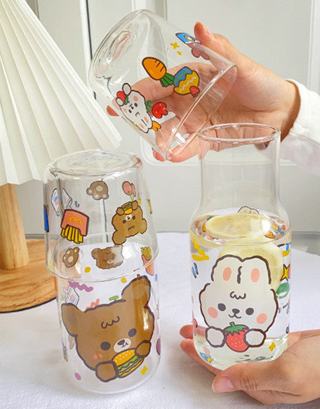 Lovely Rabbit and Bear Glass Water Bottle and cup JK2944
