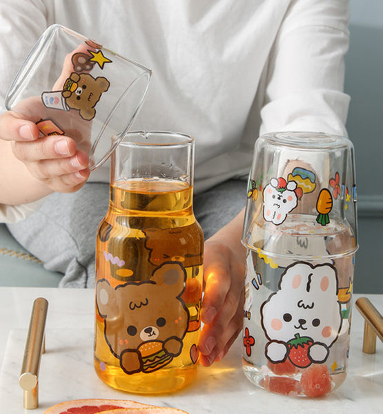 Lovely Rabbit and Bear Glass Water Bottle and cup JK2944