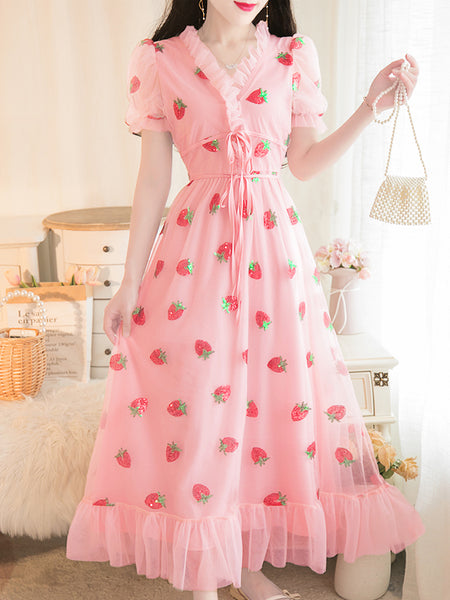 Fashion Strawberry V Collar Dress JK2247